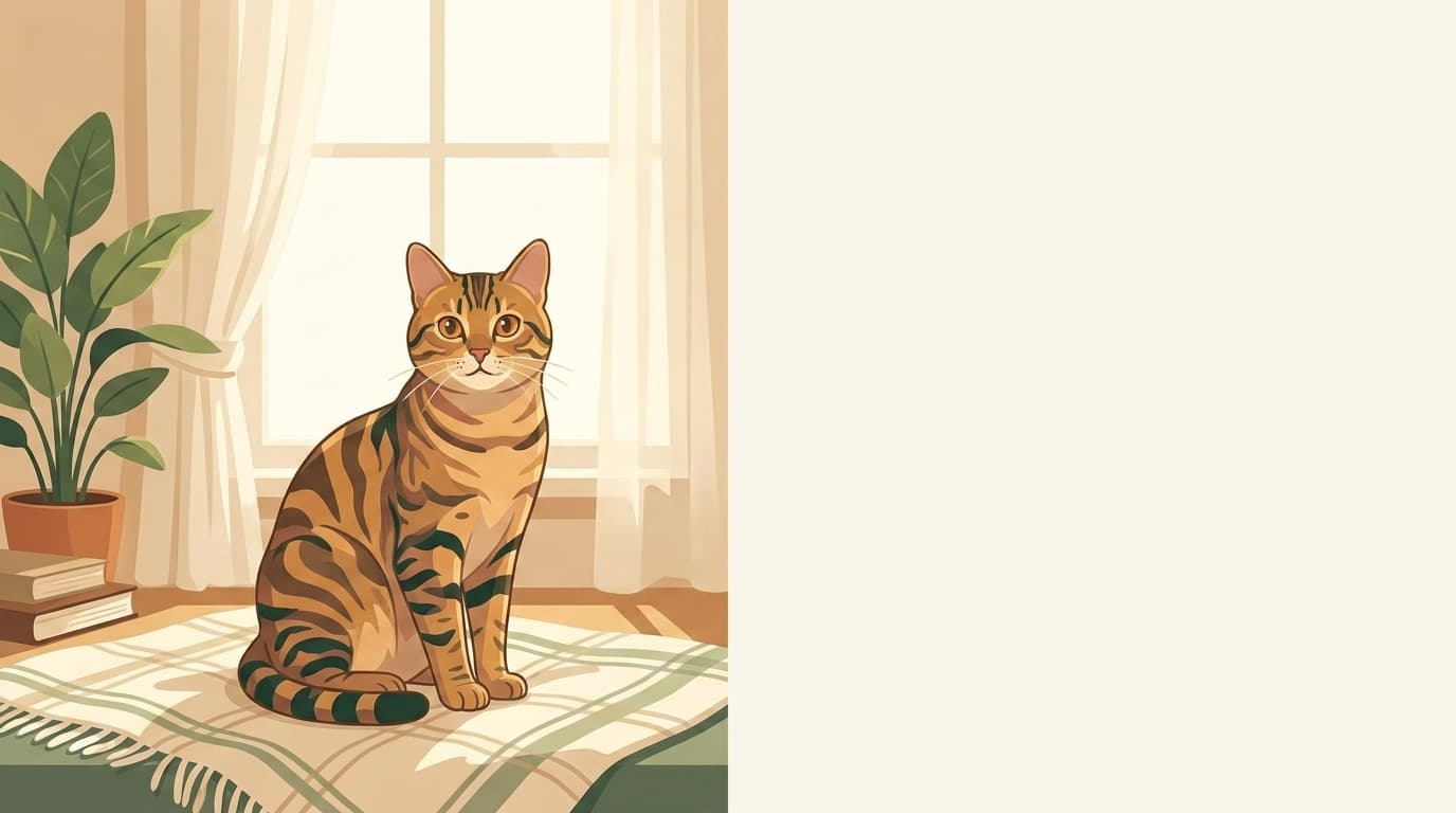 Symbolische Illustration: eine gesunde, elegante Katze sitzt aufmerksam in einem hellen Raum. Keine fachliche Aussage.