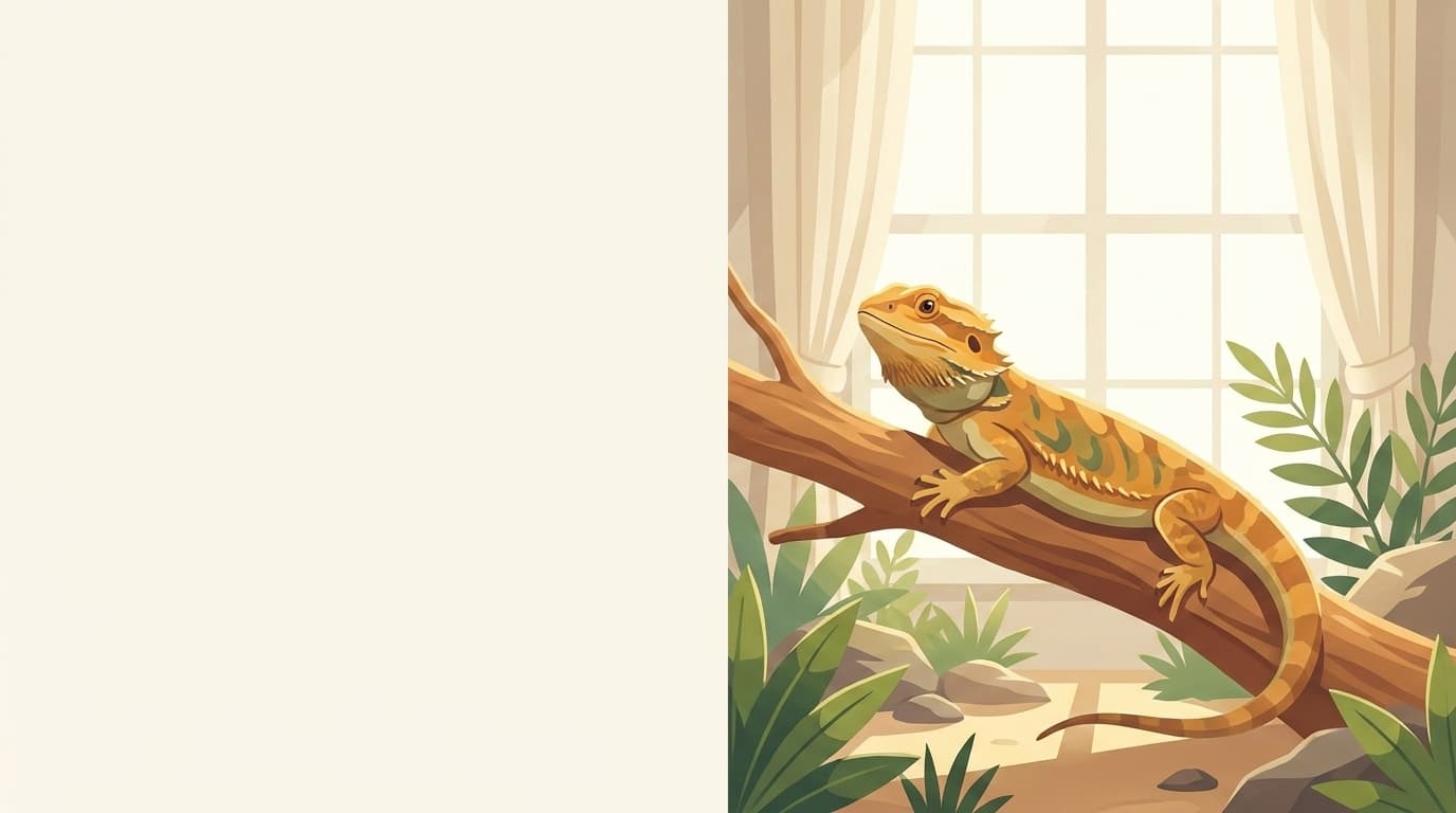 Symbolische Illustration: eine gesunde Bartagame ruht auf einem Ast in einem hellen Terrarium. Keine fachliche Aussage.