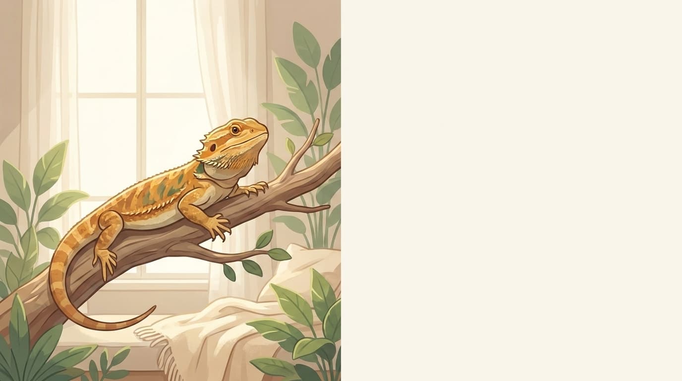 Symbolische Illustration: eine gesunde Bartagame ruht ruhig auf einem Ast in warmem Licht. Keine fachliche Aussage.