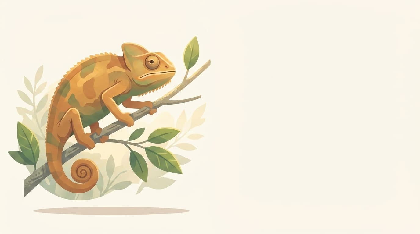 Symbolische Illustration: ein gesundes Chamäleon sitzt ruhig auf einem schmalen Ast in weichem Licht. Keine fachliche Aussage.
