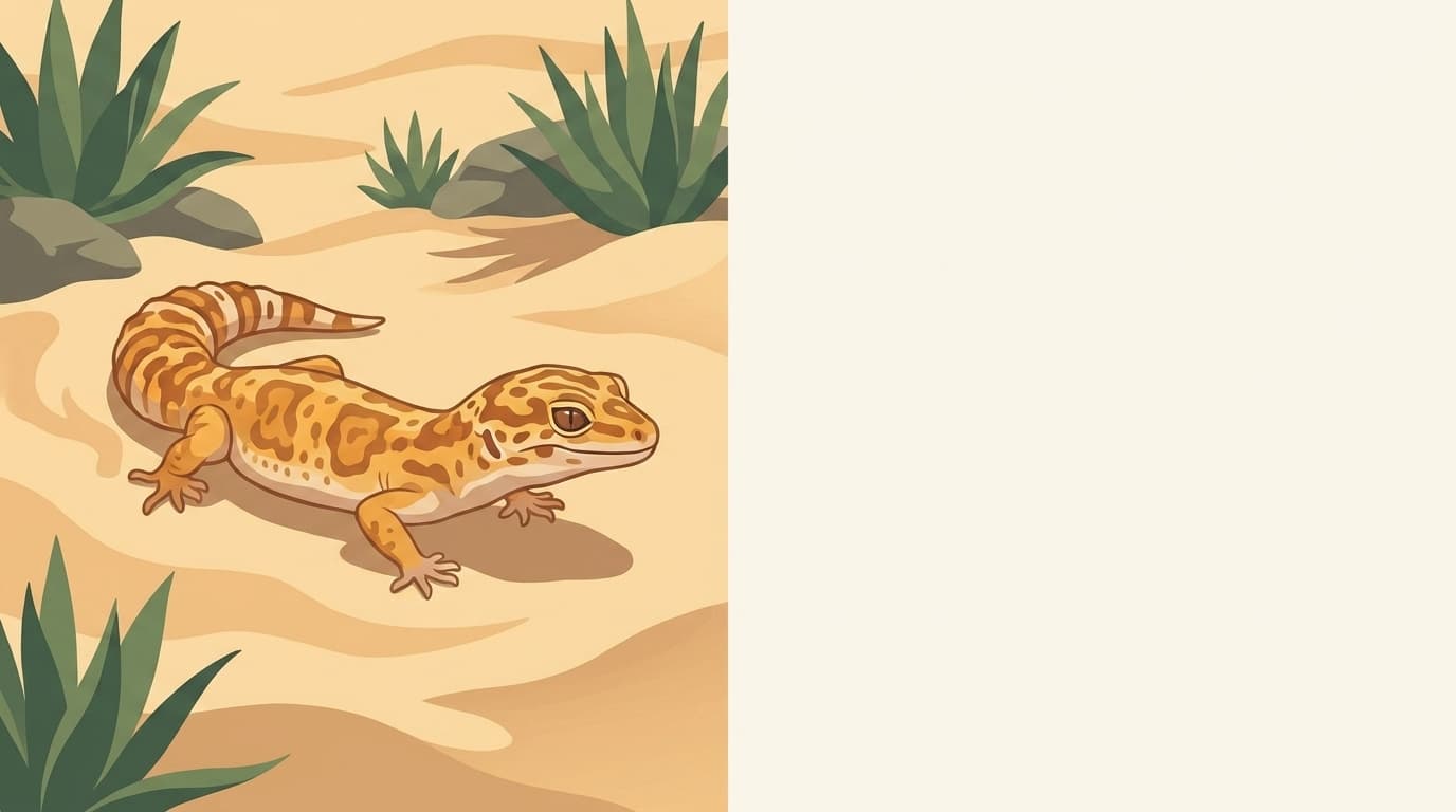Symbolische Illustration: ein gesunder Leopardgecko ruht ruhig auf warmem Sand in weichem Licht. Keine fachliche Aussage.