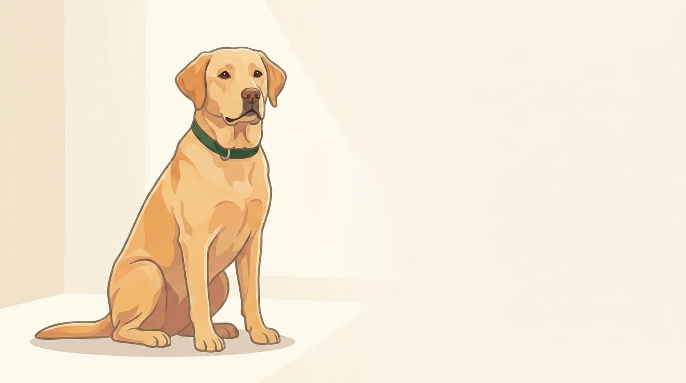 Symbolische Illustration: ein gesunder erwachsener Hund sitzt ruhig in einem hellen Raum. Keine fachliche Aussage.