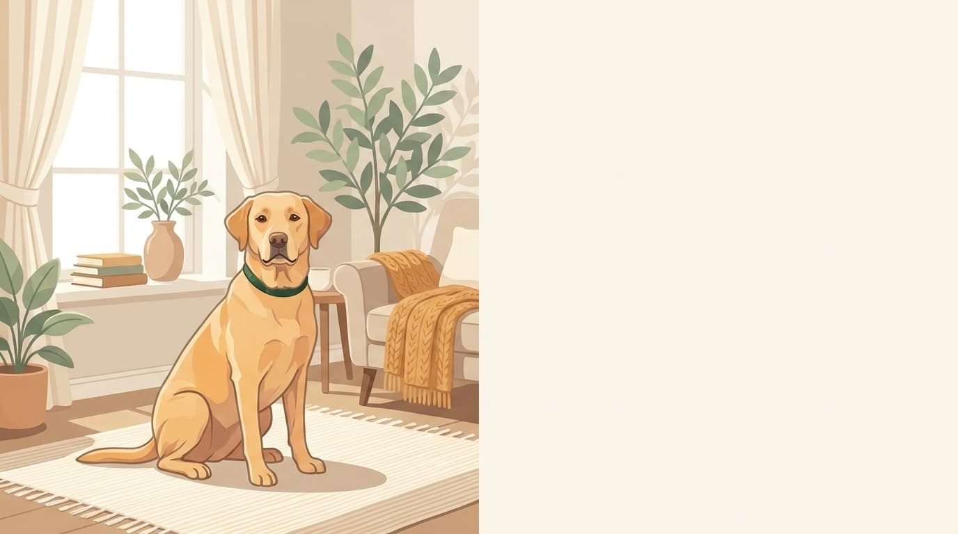 Symbolische Illustration: ein gesunder erwachsener Hund sitzt aufmerksam in einem hellen Raum. Keine fachliche Aussage.
