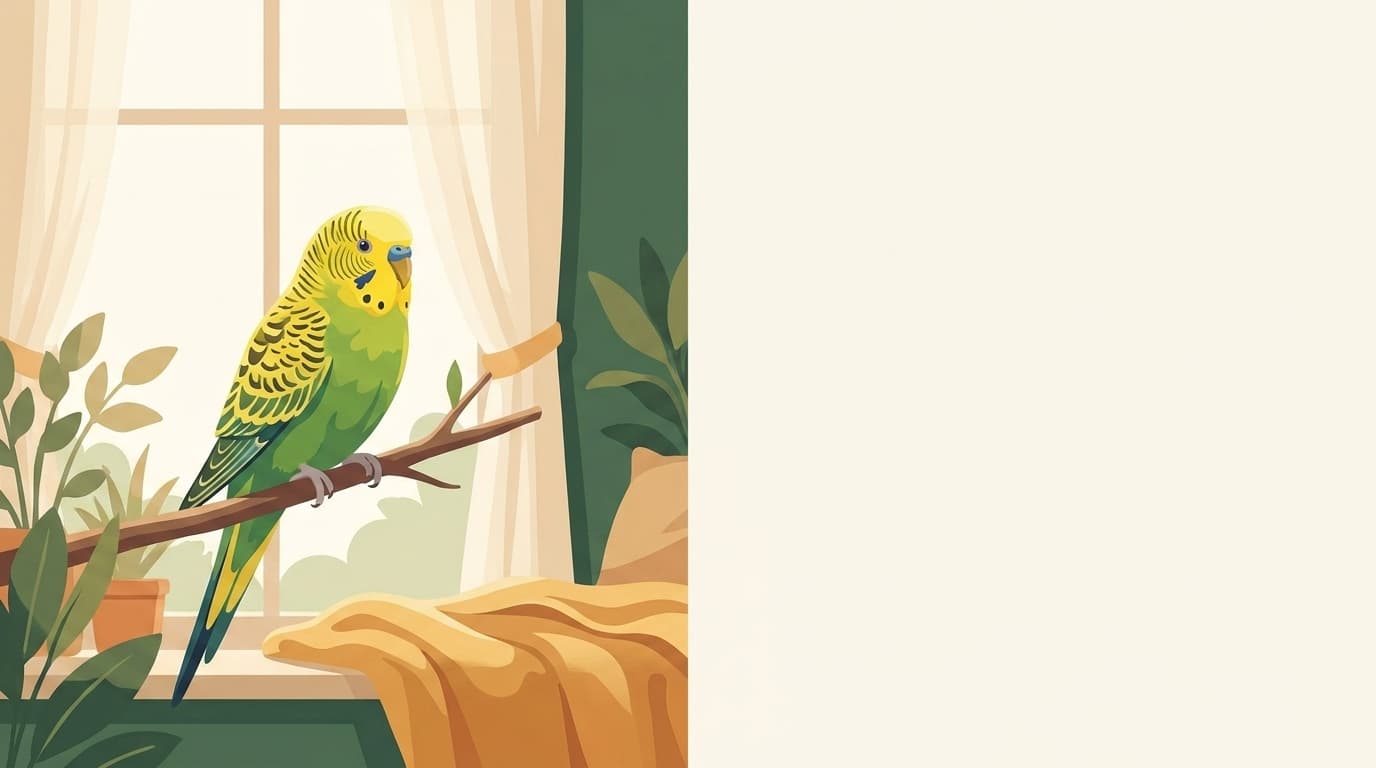 Symbolische Illustration: ein gesunder, farbenfroher Wellensittich sitzt ruhig auf einem Ast. Keine fachliche Aussage.