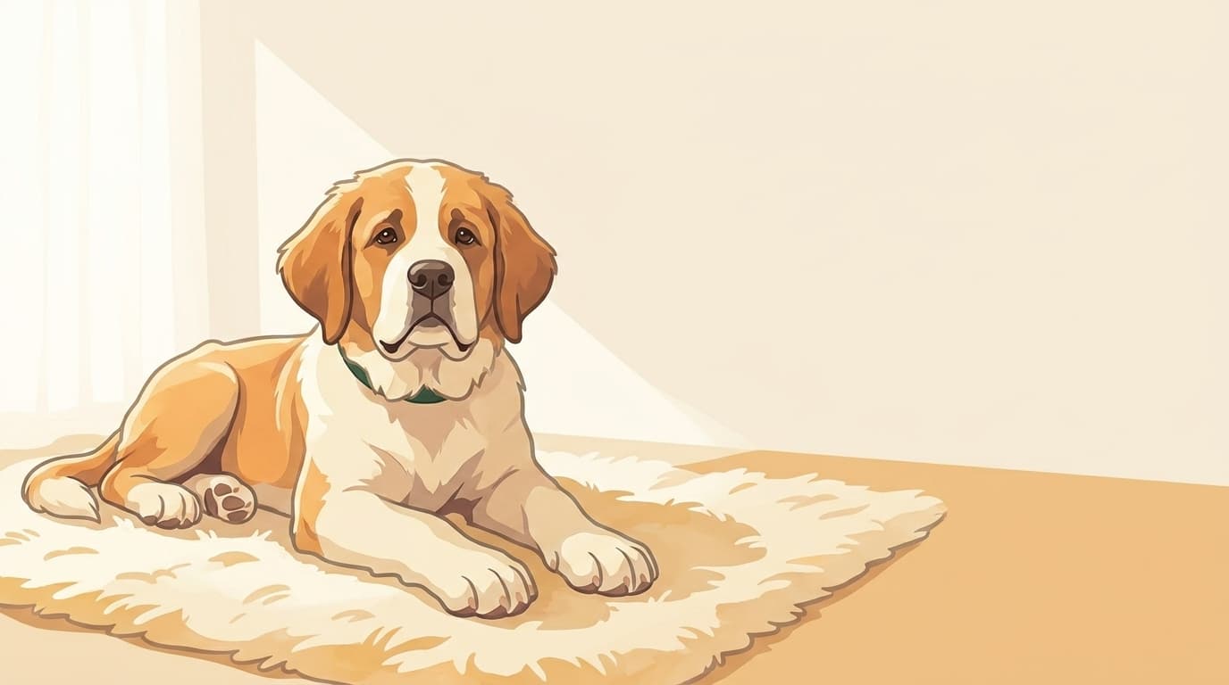 Symbolische Illustration: ein großer Hundewelpe liegt entspannt auf einem Teppich. Keine fachliche Aussage.