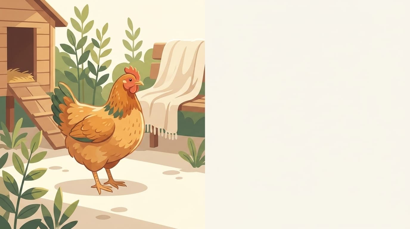 Symbolische Illustration: ein gesundes Huhn steht ruhig in einem sonnigen Garten. Keine fachliche Aussage.