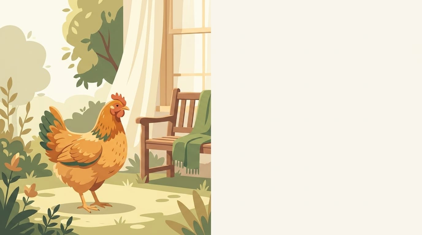 Symbolische Illustration: ein gesundes Huhn steht ruhig in einem sonnigen Garten. Keine fachliche Aussage.