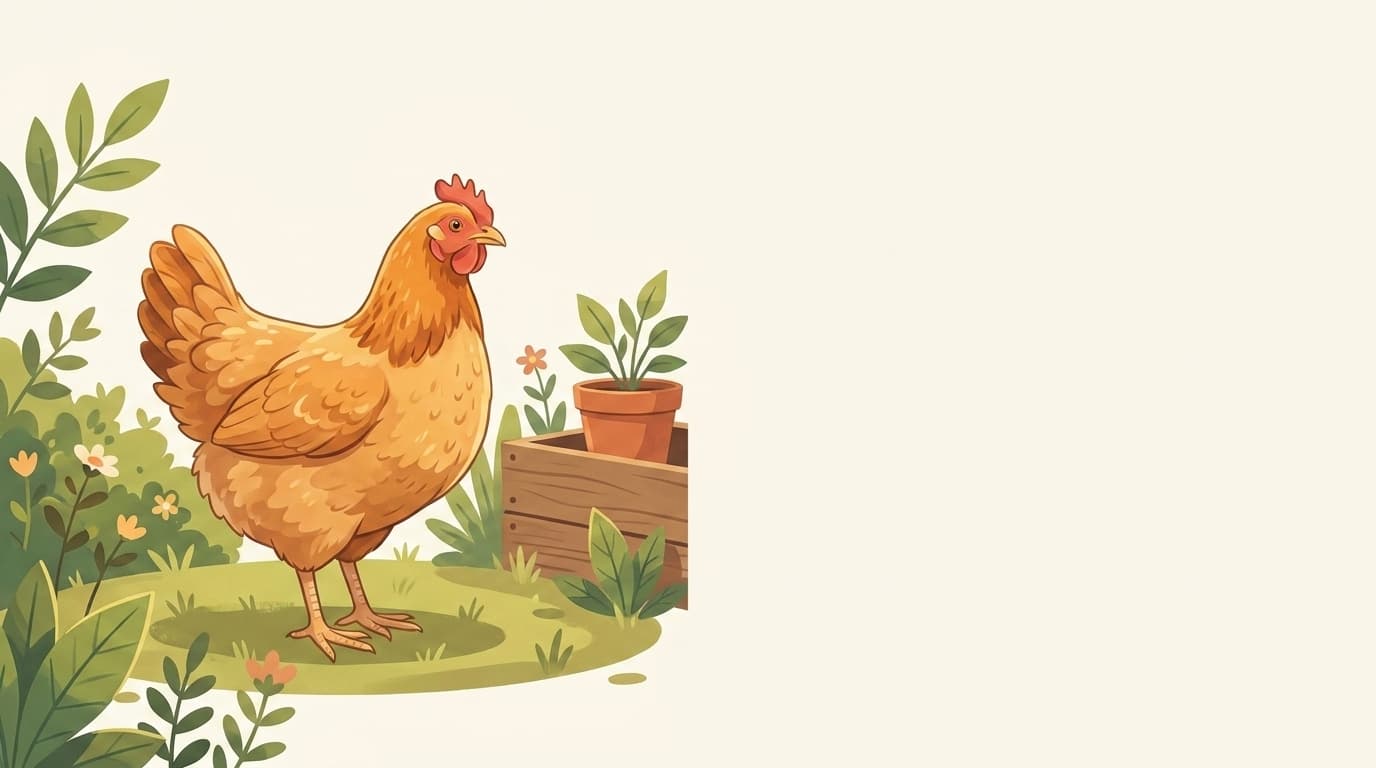 Symbolische Illustration: ein gesundes Huhn steht ruhig in einem sonnigen Garten. Keine fachliche Aussage.