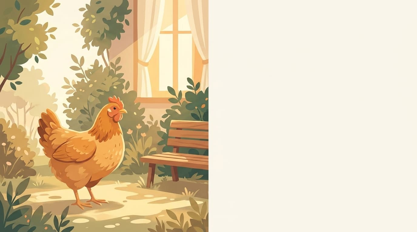 Symbolische Illustration: ein gesundes Huhn steht ruhig in einem sonnigen Garten. Keine fachliche Aussage.