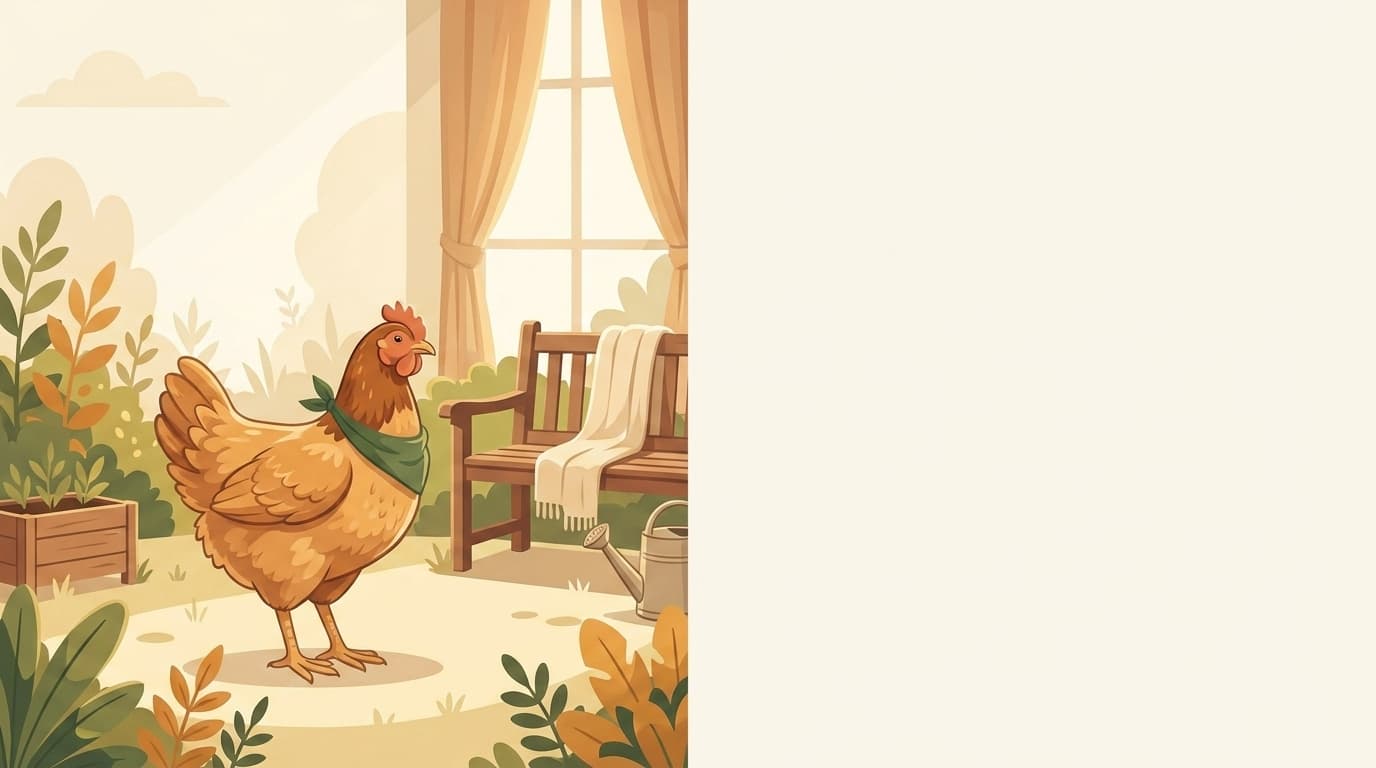 Symbolische Illustration: ein gesundes Huhn steht ruhig in einem sonnigen Garten. Keine fachliche Aussage.