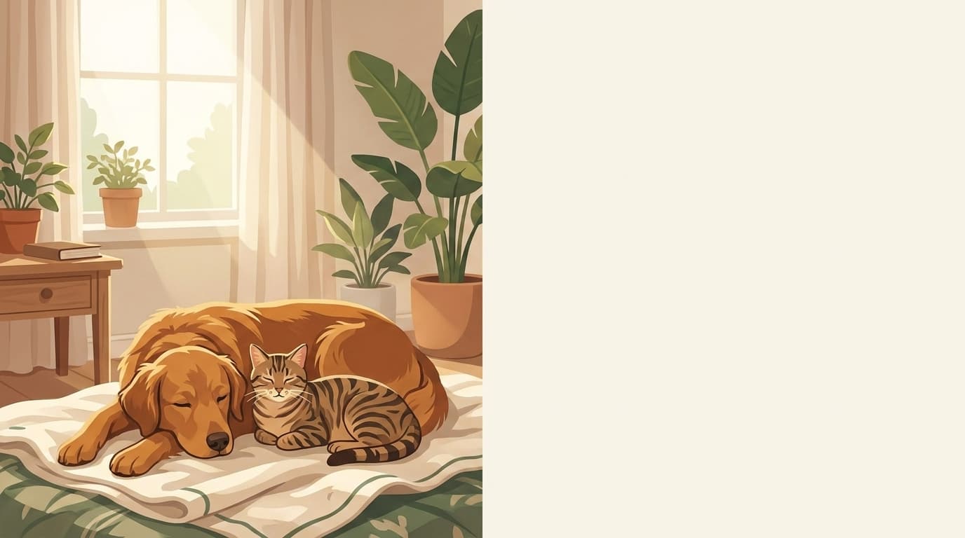 Symbolische Illustration: ein Hund und eine Katze ruhen entspannt nebeneinander. Keine fachliche Aussage.