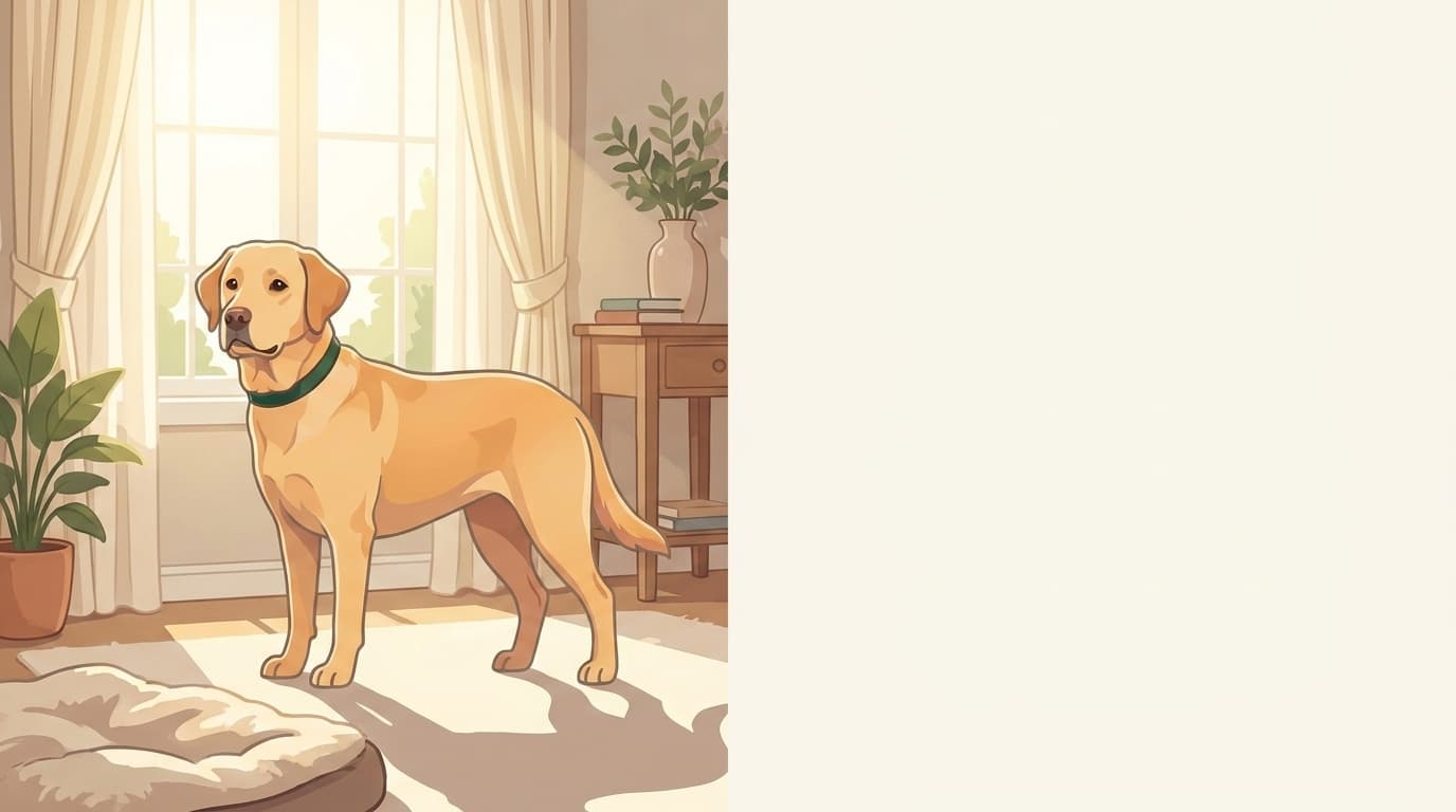 Symbolische Illustration: ein fitter, gesunder Hund steht aufmerksam in einem hellen Raum. Keine fachliche Aussage.