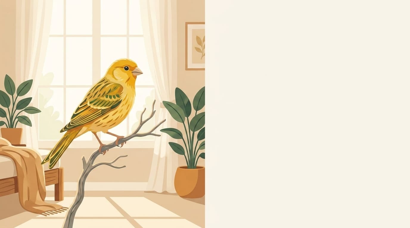 Symbolische Illustration: ein gesunder Kanarienvogel sitzt ruhig auf einem Ast in weichem Licht. Keine fachliche Aussage.