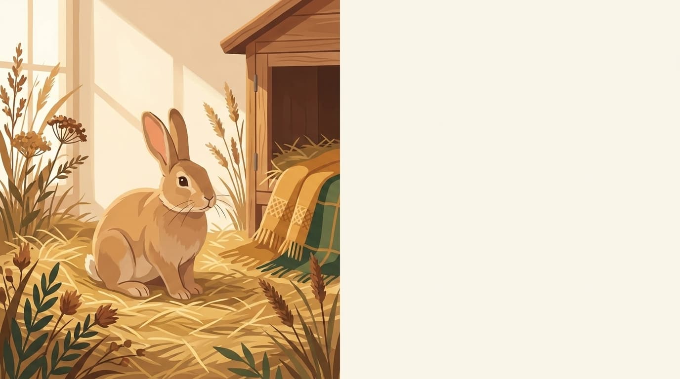 Symbolische Illustration: ein gesundes, entspanntes Kaninchen sitzt ruhig auf weichem Heu. Keine fachliche Aussage.