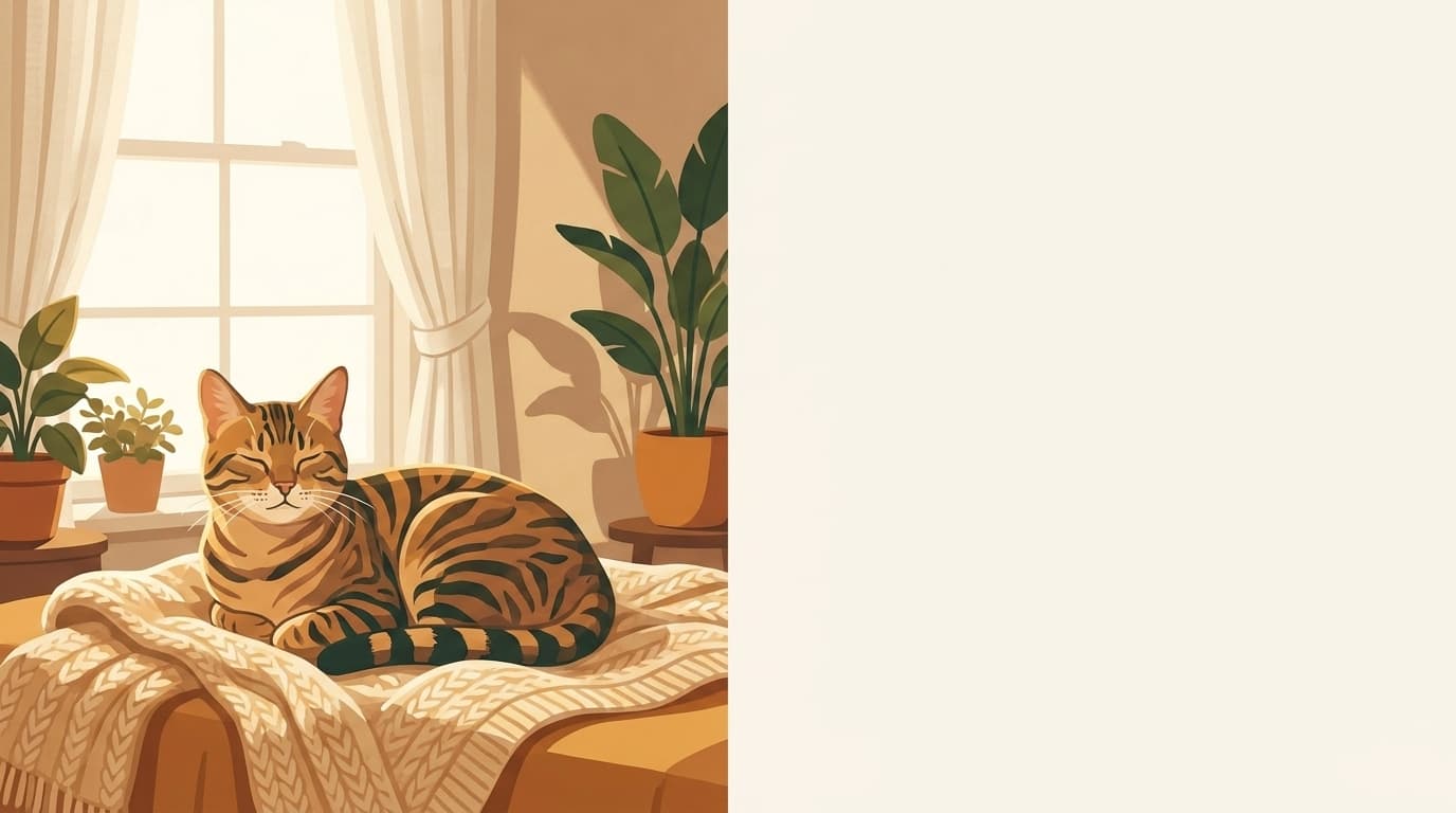 Symbolische Illustration: eine gesunde Katze ruht ruhig und entspannt in weichem Licht. Keine fachliche Aussage.