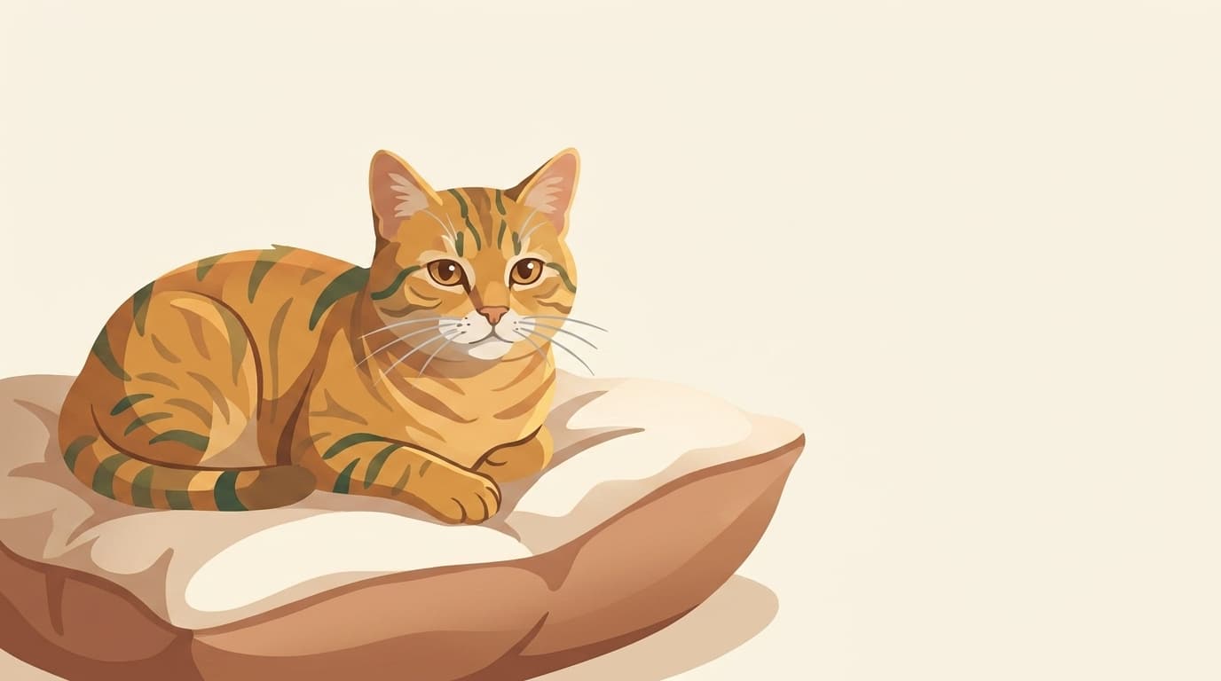 Symbolische Illustration: eine ruhige Seniorkatze ruht auf einem weichen Kissen. Keine fachliche Aussage.