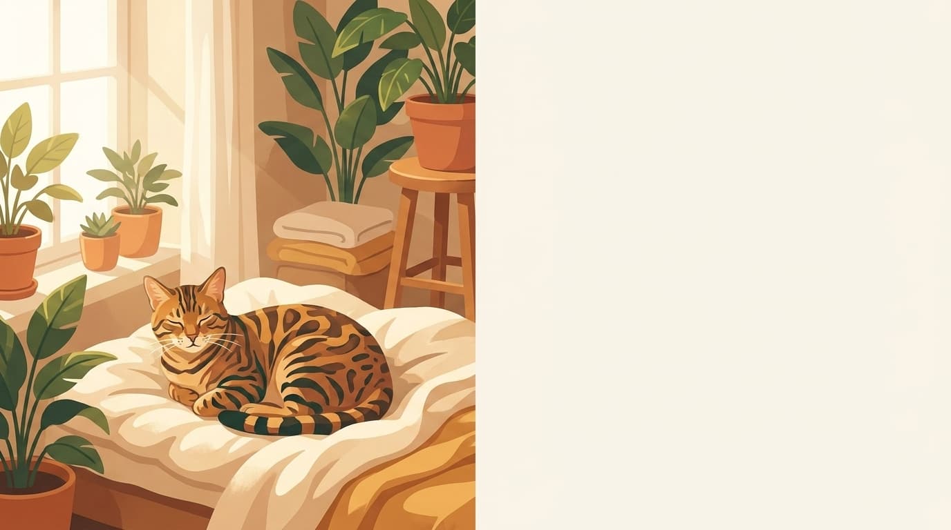 Symbolische Illustration: eine gesunde Katze ruht ruhig und entspannt in weichem Licht. Keine fachliche Aussage.