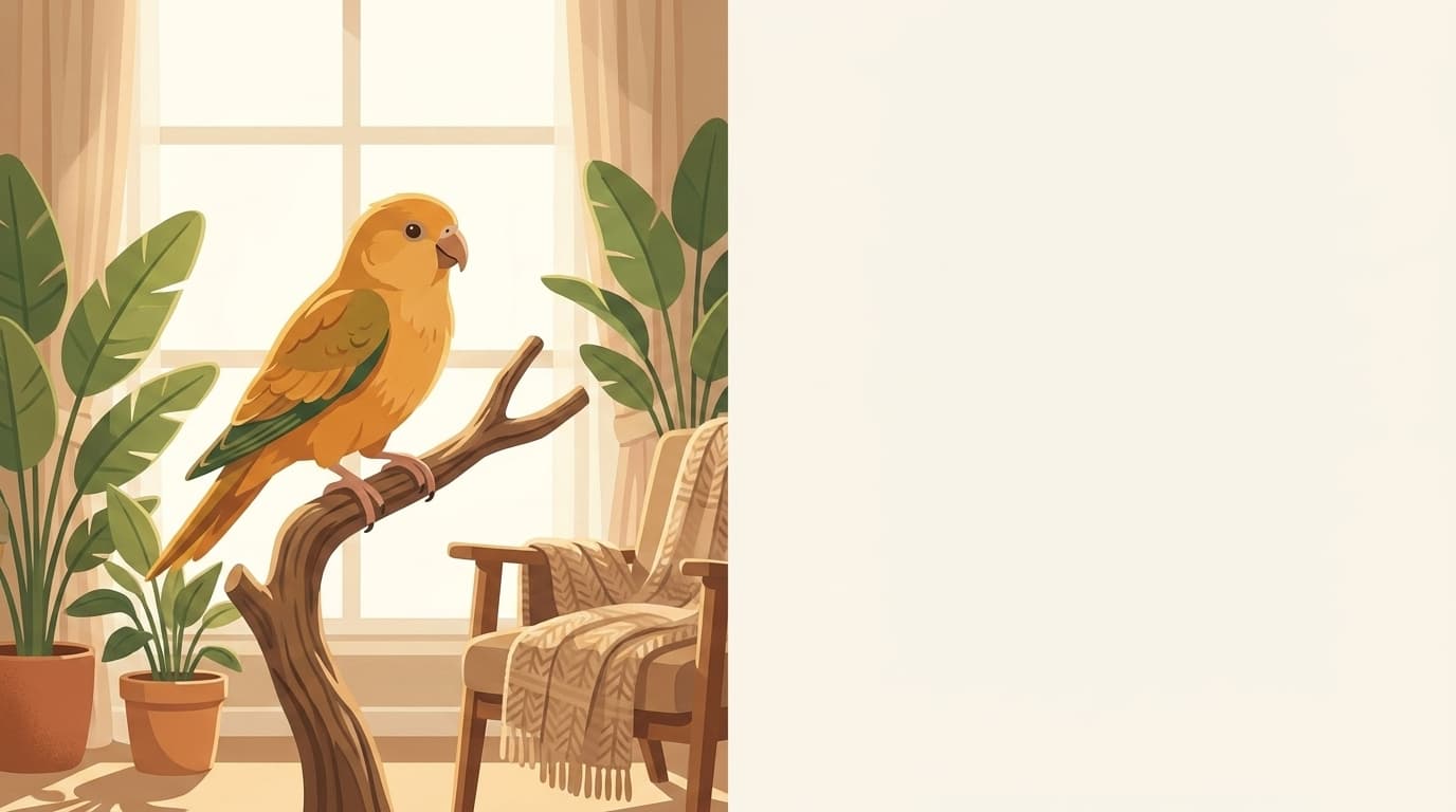 Symbolische Illustration: ein gesunder Ziervogel sitzt ruhig auf einem Ast in weichem Licht. Keine fachliche Aussage.