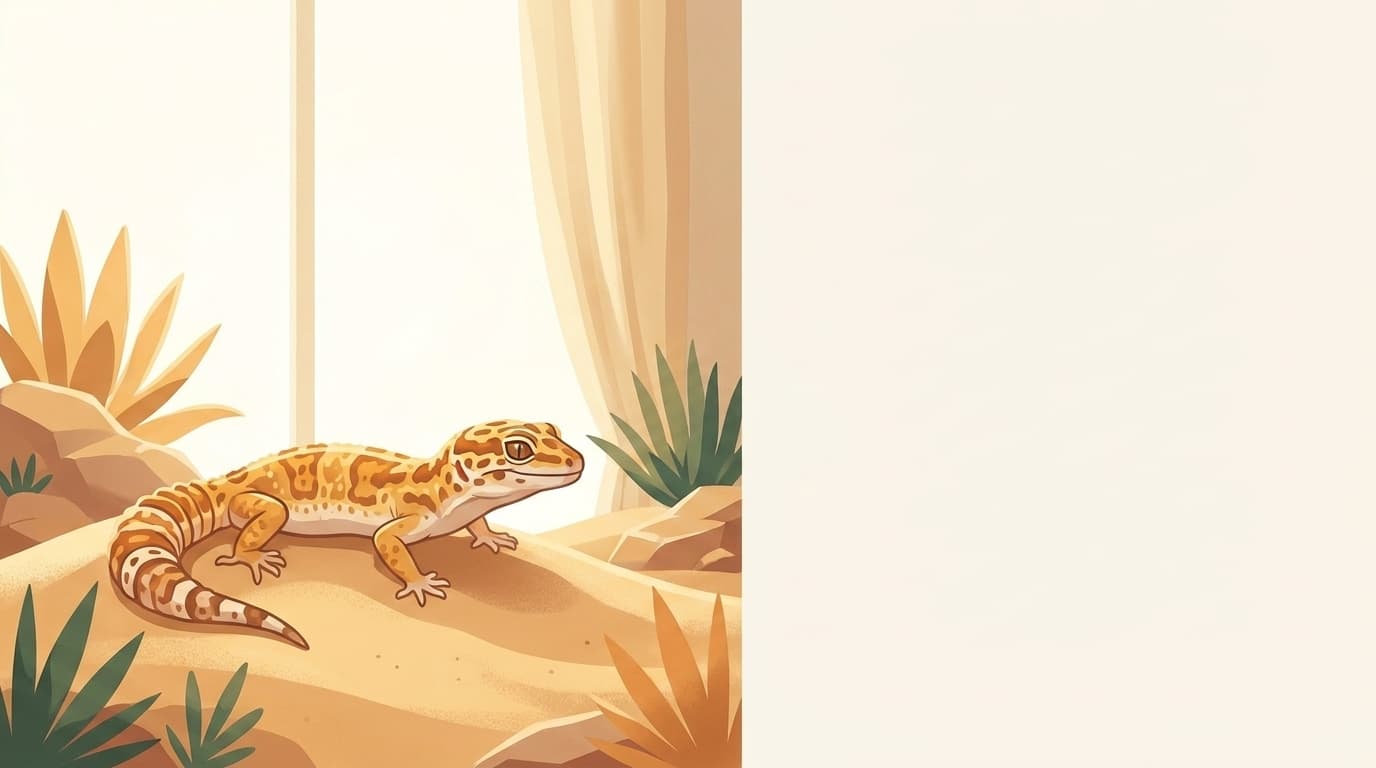 Symbolische Illustration: ein gesunder Leopardgecko ruht ruhig auf warmem Sand in weichem Licht. Keine fachliche Aussage.