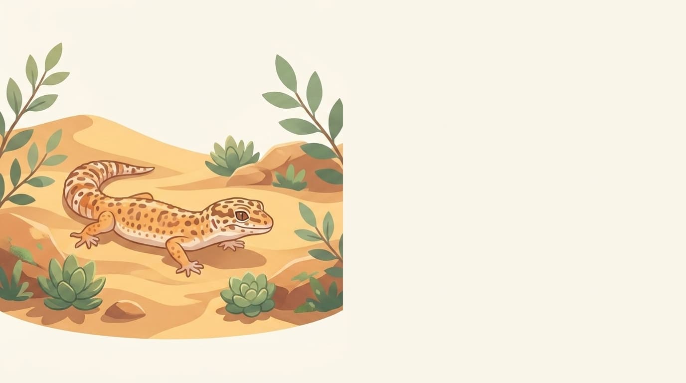 Symbolische Illustration: ein gesunder Leopardgecko ruht ruhig auf warmem Sand in weichem Licht. Keine fachliche Aussage.