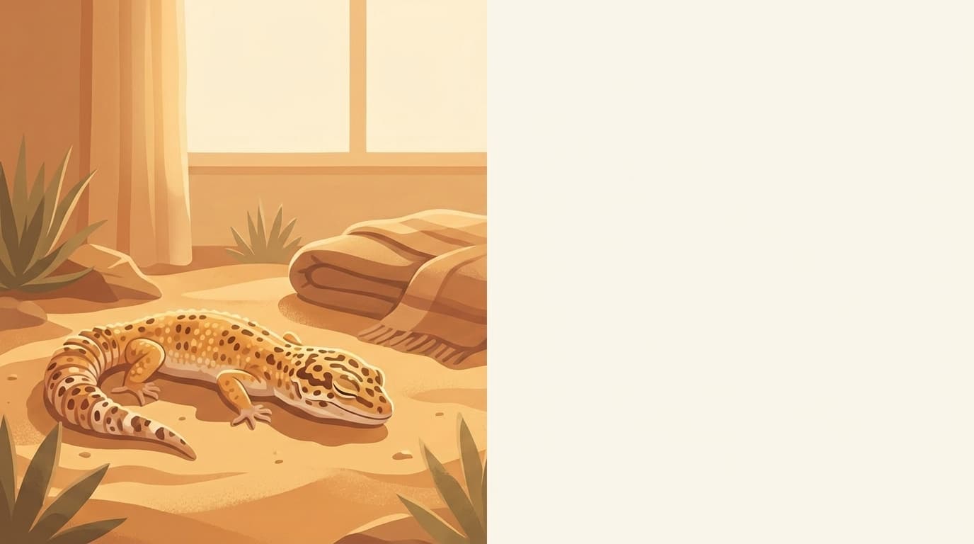 Symbolische Illustration: ein gesunder Leopardgecko ruht ruhig auf warmem Sand in weichem Licht. Keine fachliche Aussage.