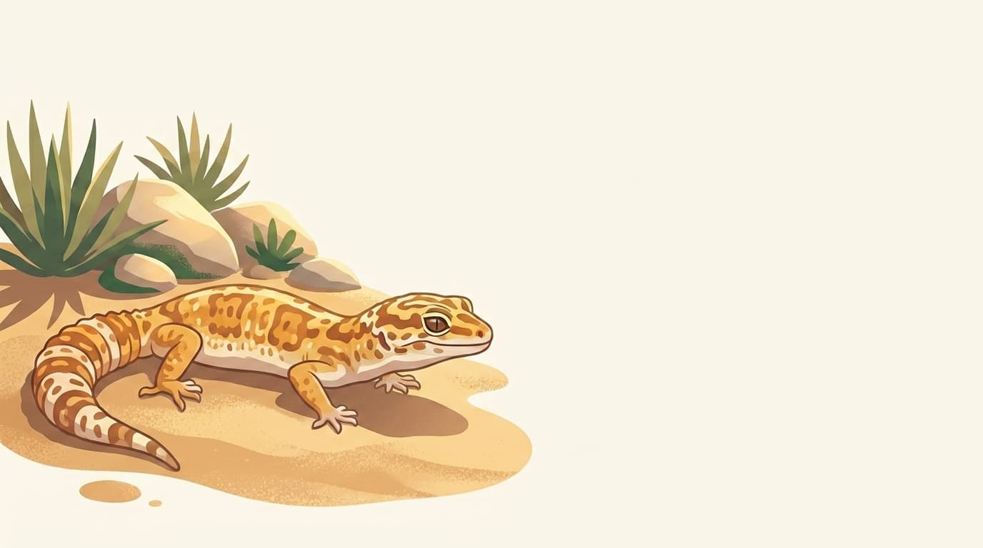 Symbolische Illustration: ein gesunder Leopardgecko ruht ruhig auf warmem Sand in weichem Licht. Keine fachliche Aussage.