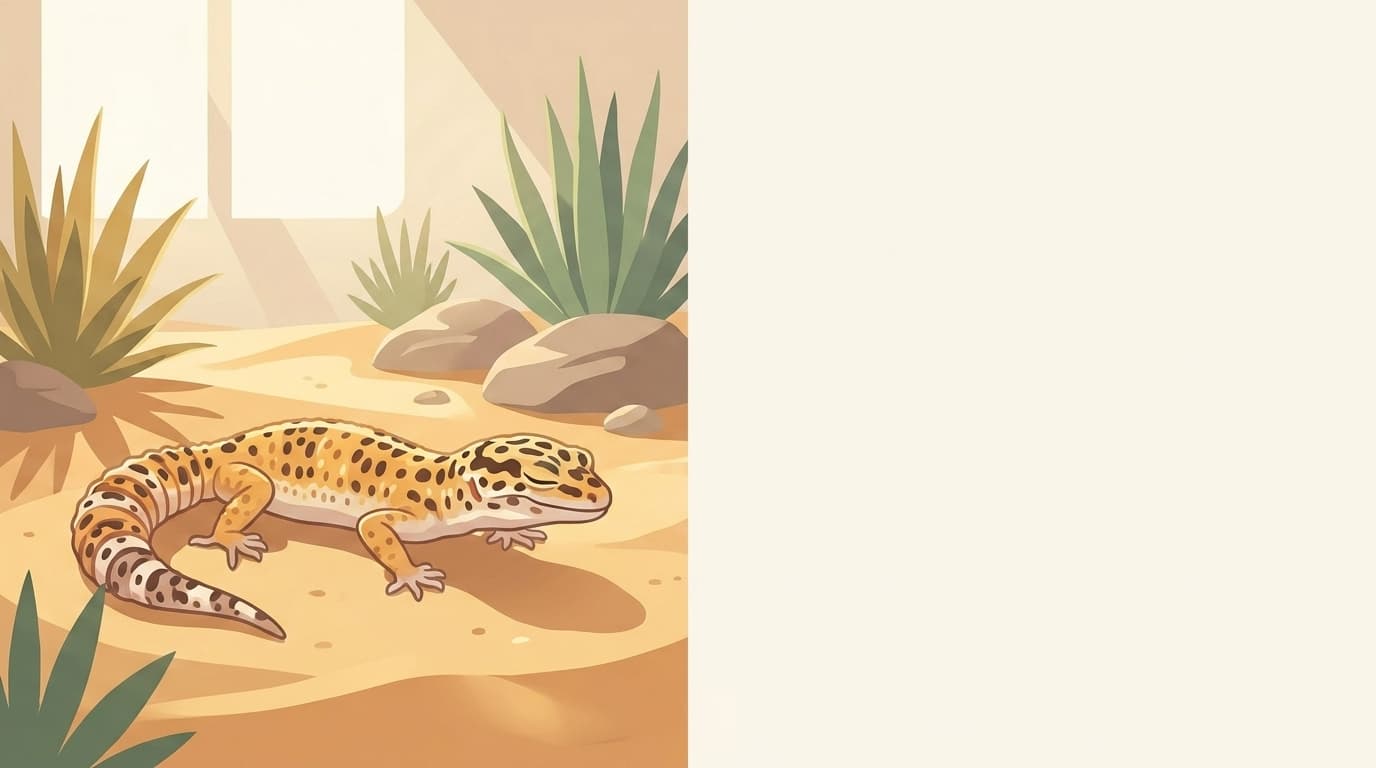 Symbolische Illustration: ein gesunder Leopardgecko ruht ruhig auf warmem Sand in weichem Licht. Keine fachliche Aussage.