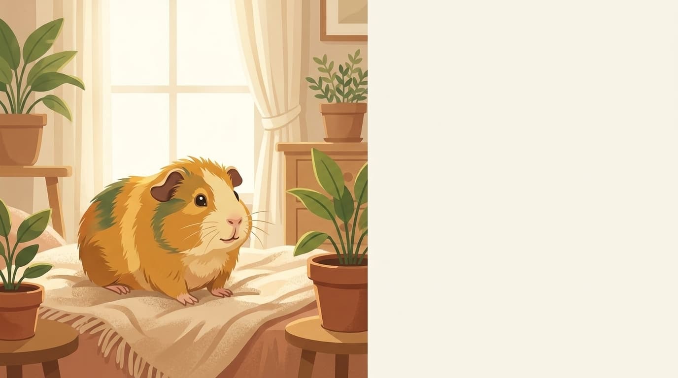 Symbolische Illustration: ein gesundes Meerschweinchen sitzt ruhig in weichem, warmem Licht. Keine fachliche Aussage.