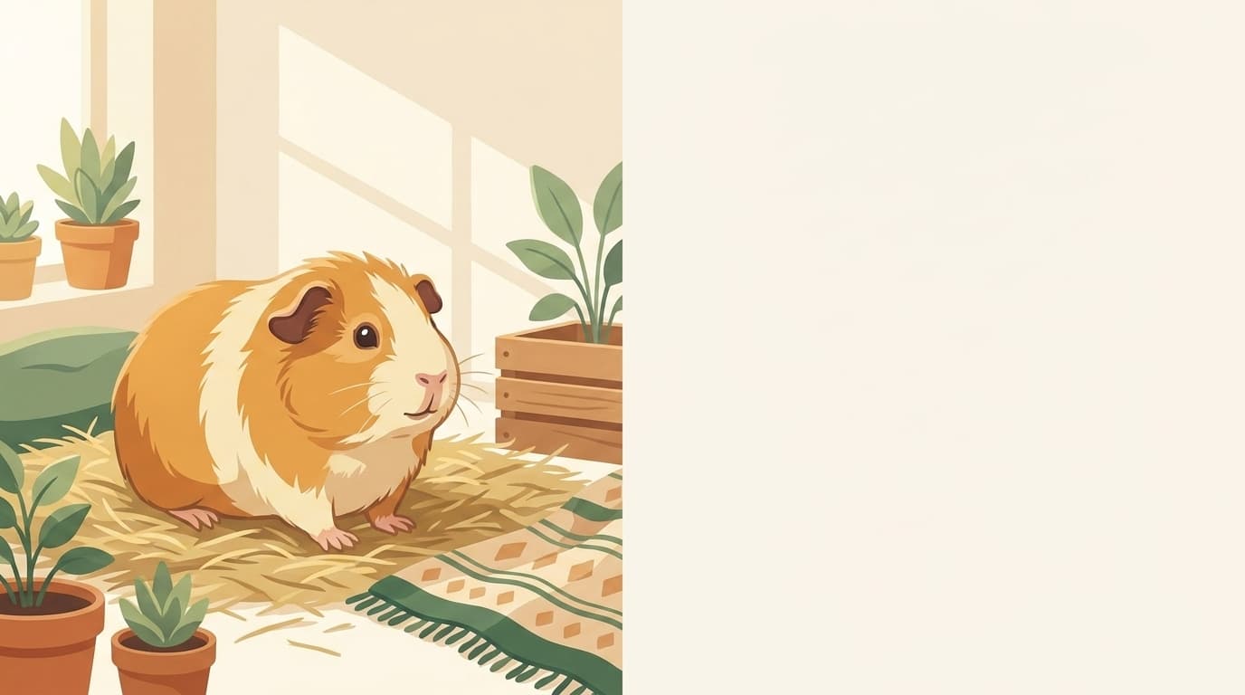 Symbolische Illustration: ein gesundes Meerschweinchen sitzt ruhig auf weichem Heu. Keine fachliche Aussage.