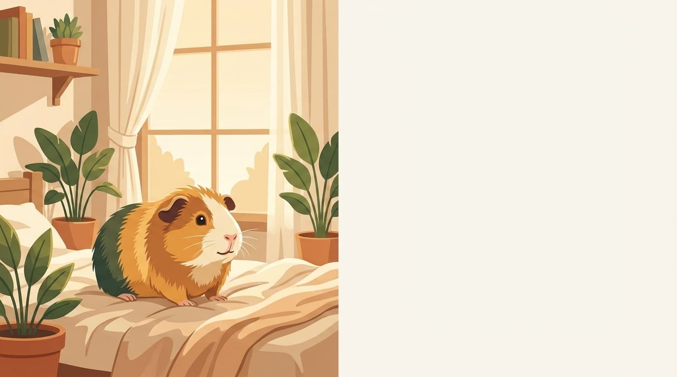 Symbolische Illustration: ein gesundes Meerschweinchen sitzt ruhig in weichem, warmem Licht. Keine fachliche Aussage.