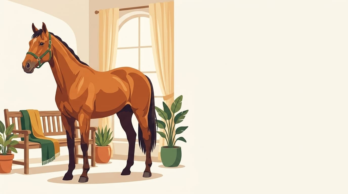 Symbolische Illustration: ein gesundes Pferd steht ruhig und entspannt in weichem Tageslicht. Keine fachliche Aussage.