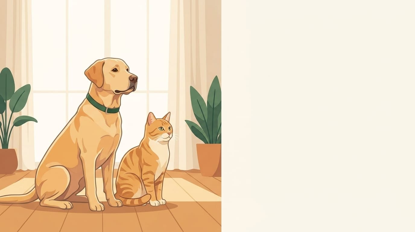 Symbolische Illustration: eine Katze und ein Hund sitzen aufmerksam zusammen. Keine fachliche Aussage.