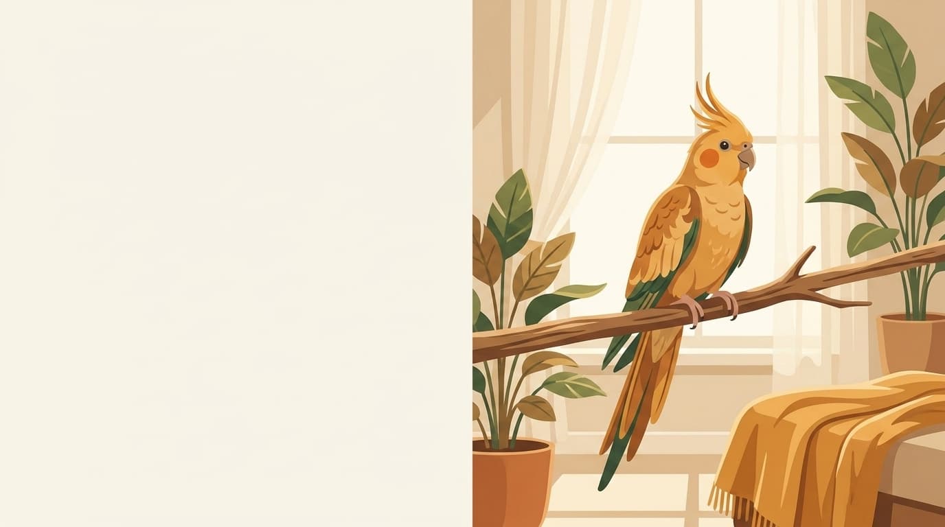 Symbolische Illustration: ein gesunder Nymphensittich sitzt ruhig auf einem Ast in weichem Licht. Keine fachliche Aussage.