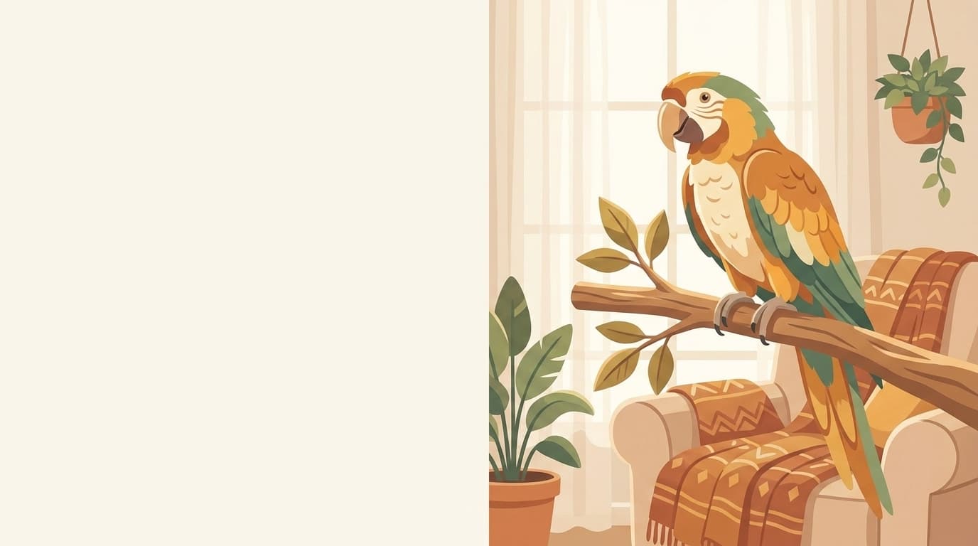 Symbolische Illustration: ein gesunder, farbenfroher Papagei sitzt ruhig auf einem Ast in weichem Licht. Keine fachliche Aussage.