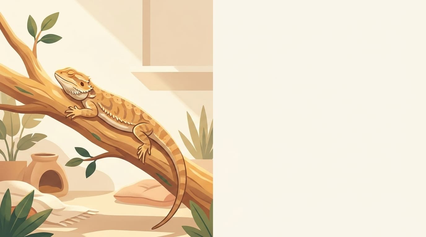 Symbolische Illustration: eine gesunde Bartagame ruht ruhig auf einem Ast in warmem Licht. Keine fachliche Aussage.
