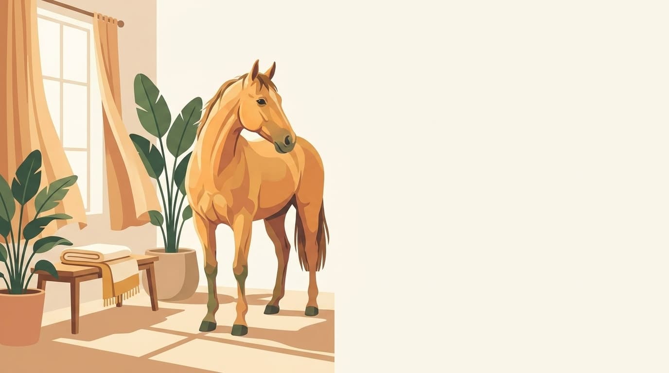 Symbolische Illustration: ein gesundes Pferd steht ruhig und entspannt in weichem Tageslicht. Keine fachliche Aussage.