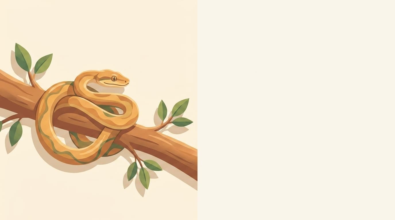 Symbolische Illustration: eine ruhige Schlange liegt entspannt auf einem Ast in warmem Licht. Keine fachliche Aussage.