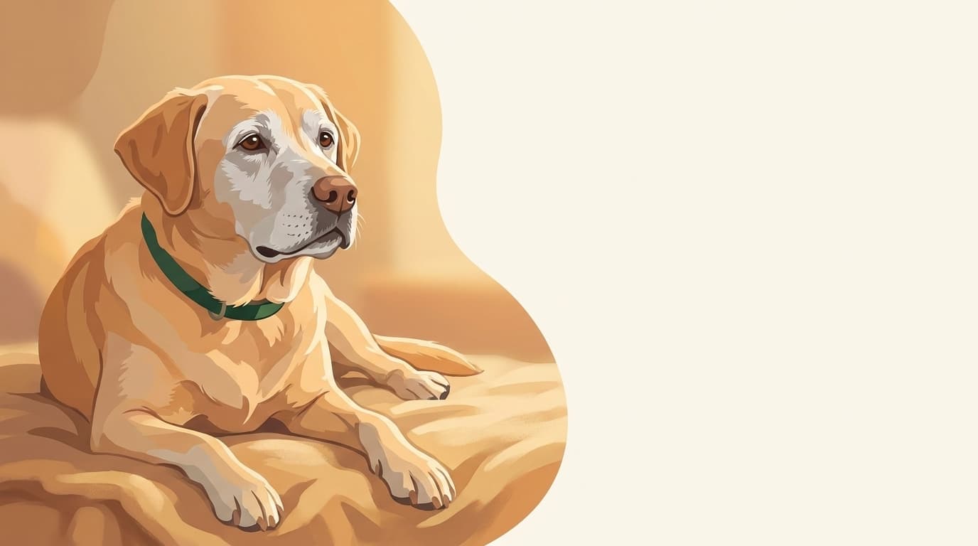 Symbolische Illustration: ein würdevoller Seniorhund ruht entspannt in warmem Licht. Keine fachliche Aussage.