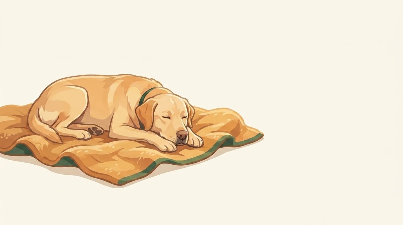 Symbolische Illustration: ein entspannter Hund liegt ruhig auf einer weichen Decke. Keine fachliche Aussage.