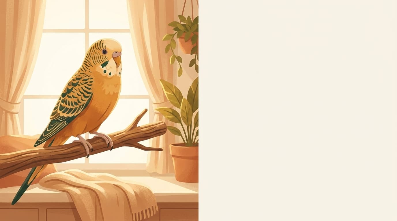Symbolische Illustration: ein gesunder Wellensittich sitzt ruhig auf einem Ast in weichem Licht. Keine fachliche Aussage.