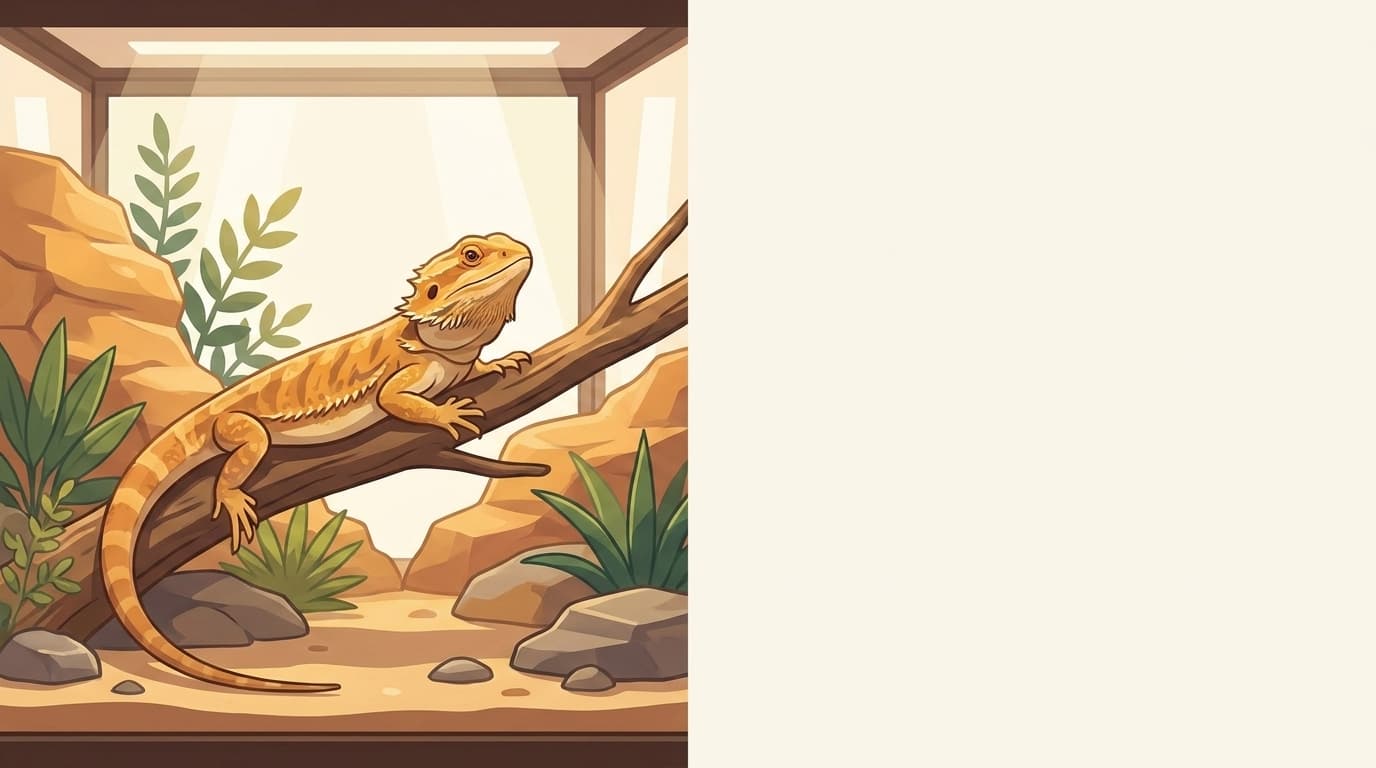 Symbolische Illustration: eine ruhige Bartagame auf einem Ast in einem hellen, naturnahen Terrarium. Keine fachliche Aussage.