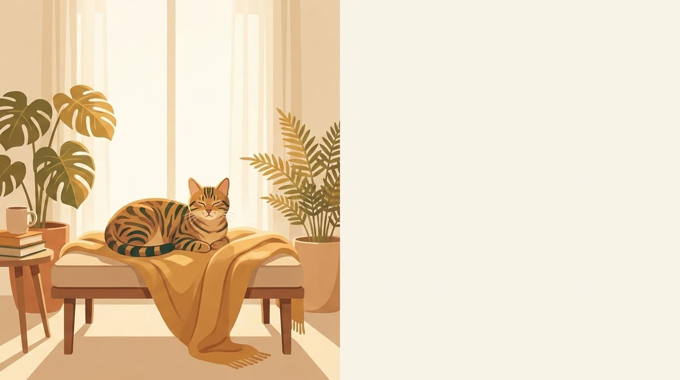 Symbolische Illustration: eine gesunde Katze ruht ruhig und entspannt in weichem Licht. Keine fachliche Aussage.