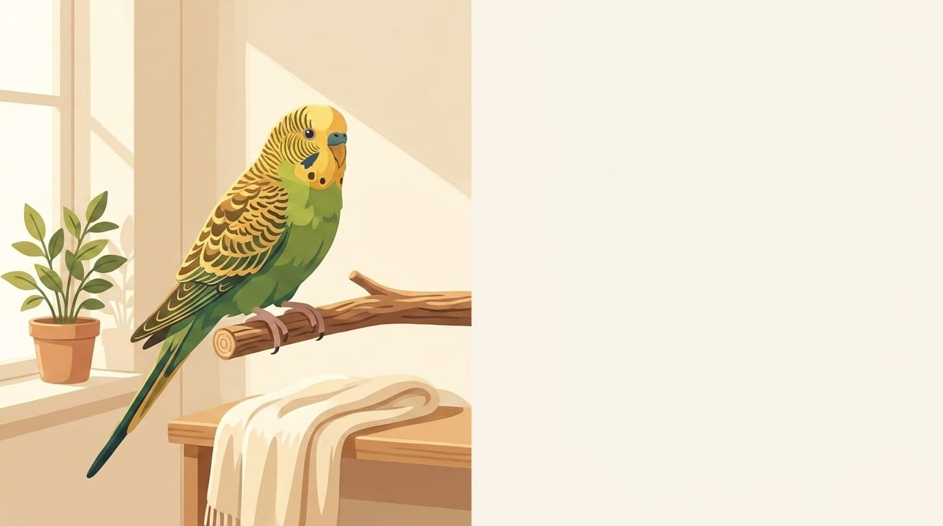 Symbolische Illustration: ein gesunder Ziervogel sitzt ruhig auf einem Ast in weichem Licht. Keine fachliche Aussage.
