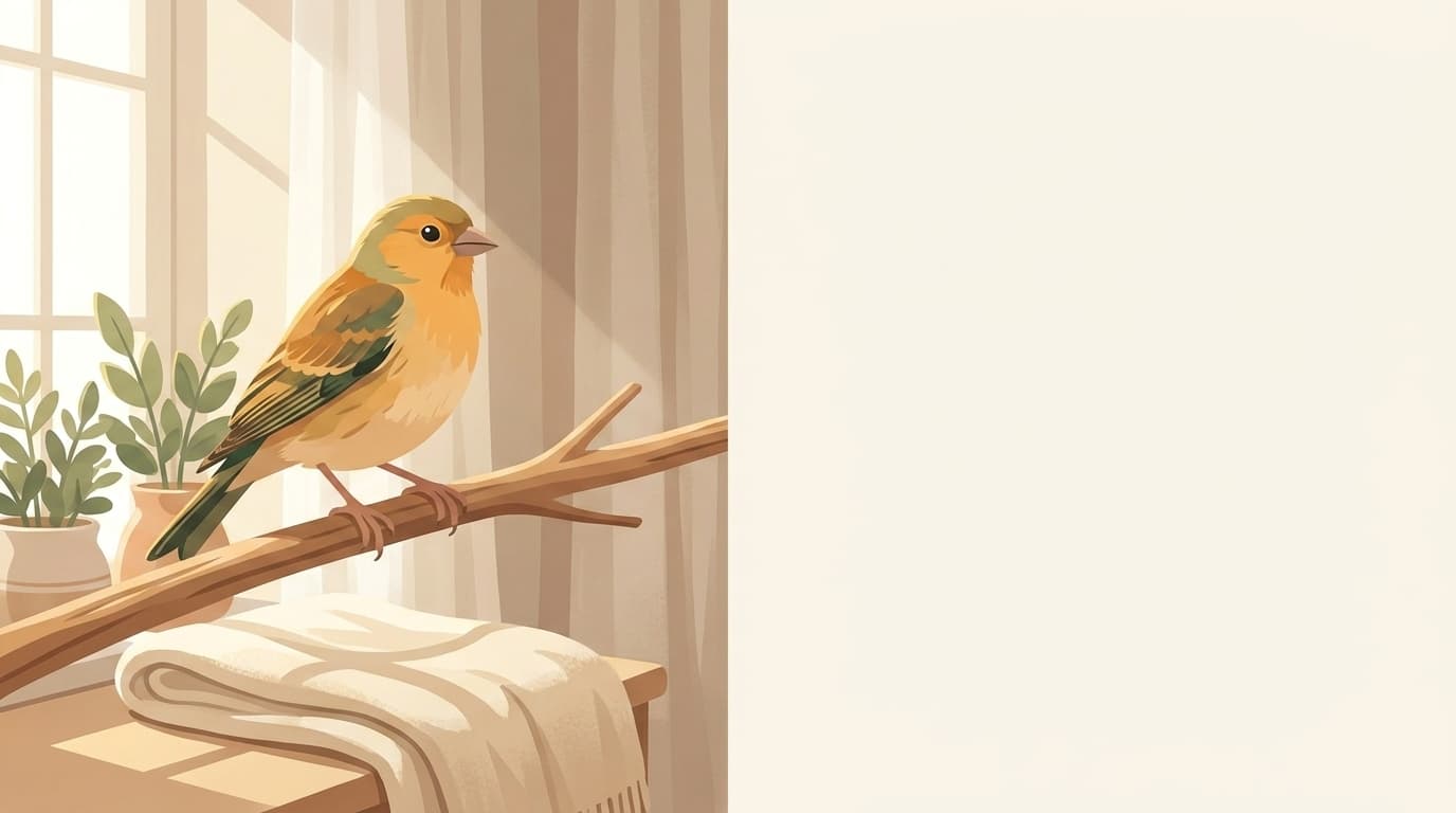 Symbolische Illustration: ein gesunder Ziervogel sitzt ruhig auf einem Ast in weichem Licht. Keine fachliche Aussage.