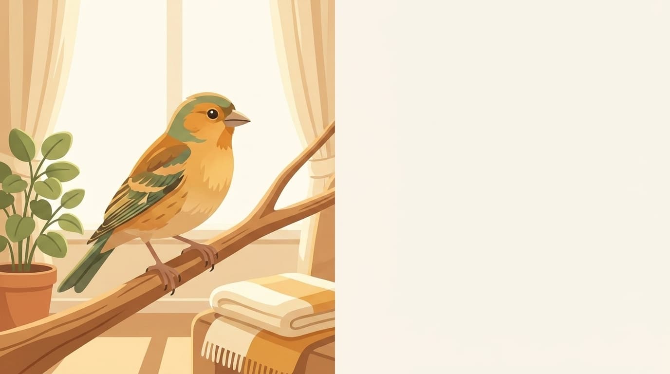 Symbolische Illustration: ein gesunder Ziervogel sitzt ruhig auf einem Ast in weichem Licht. Keine fachliche Aussage.