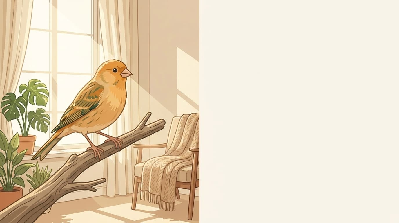 Symbolische Illustration: ein gesunder Ziervogel sitzt ruhig auf einem Ast in weichem Licht. Keine fachliche Aussage.
