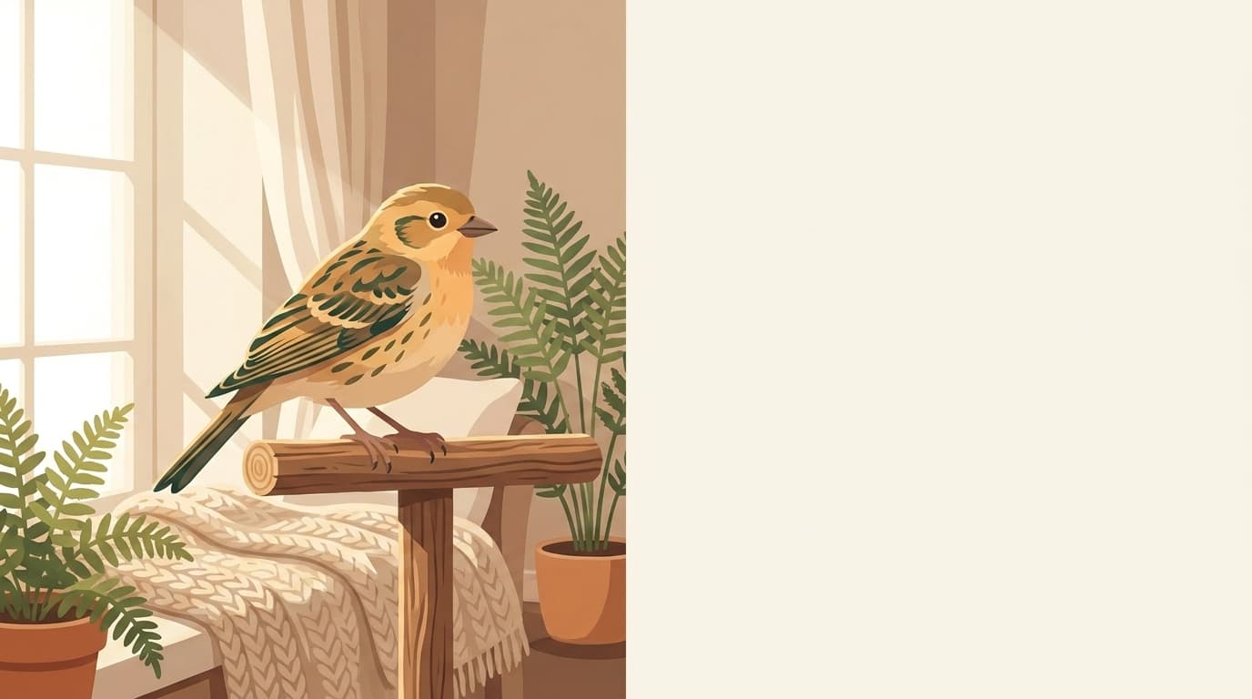 Symbolische Illustration: ein gesunder Ziervogel sitzt ruhig auf einem Ast in weichem Licht. Keine fachliche Aussage.