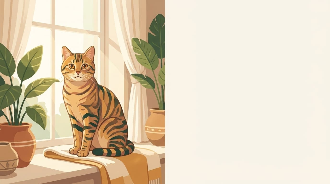 Symbolische Illustration: eine gesunde Katze sitzt aufmerksam an einem sonnigen Fenster. Keine fachliche Aussage.