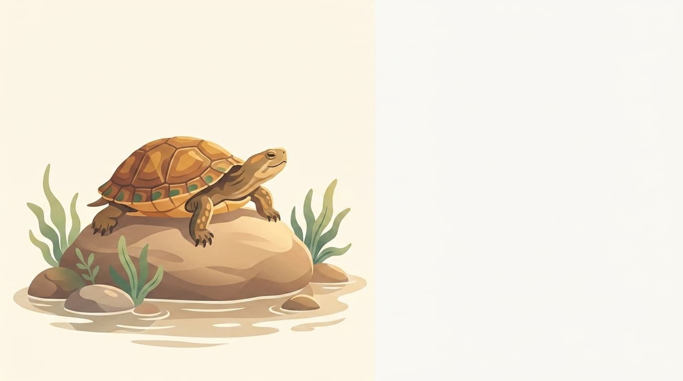 Symbolische Illustration: eine gesunde Wasserschildkröte ruht ruhig auf einem Stein am Wasser. Keine fachliche Aussage.