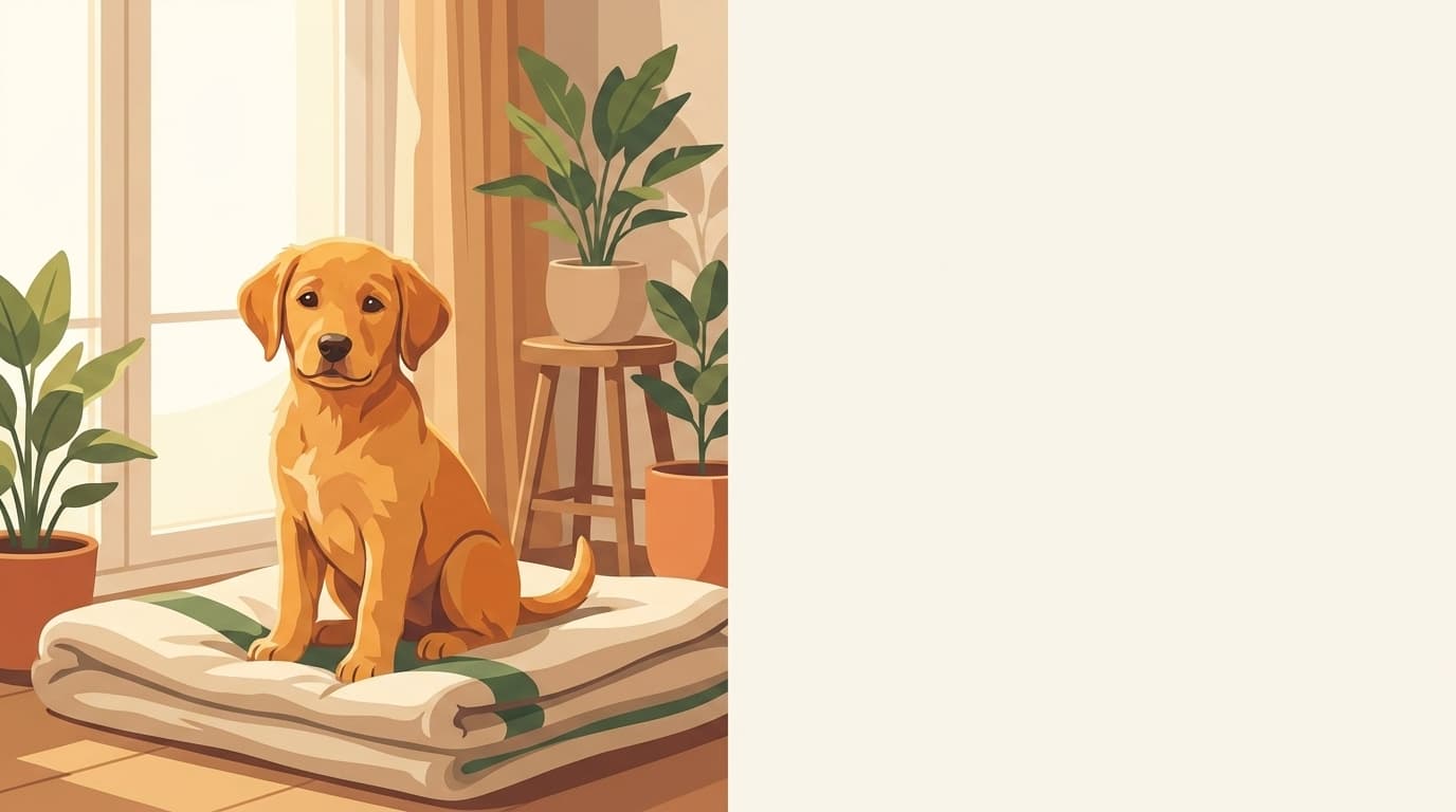 Symbolische Illustration: ein gesunder Hundewelpe ruht ruhig in weichem, warmem Licht. Keine fachliche Aussage.